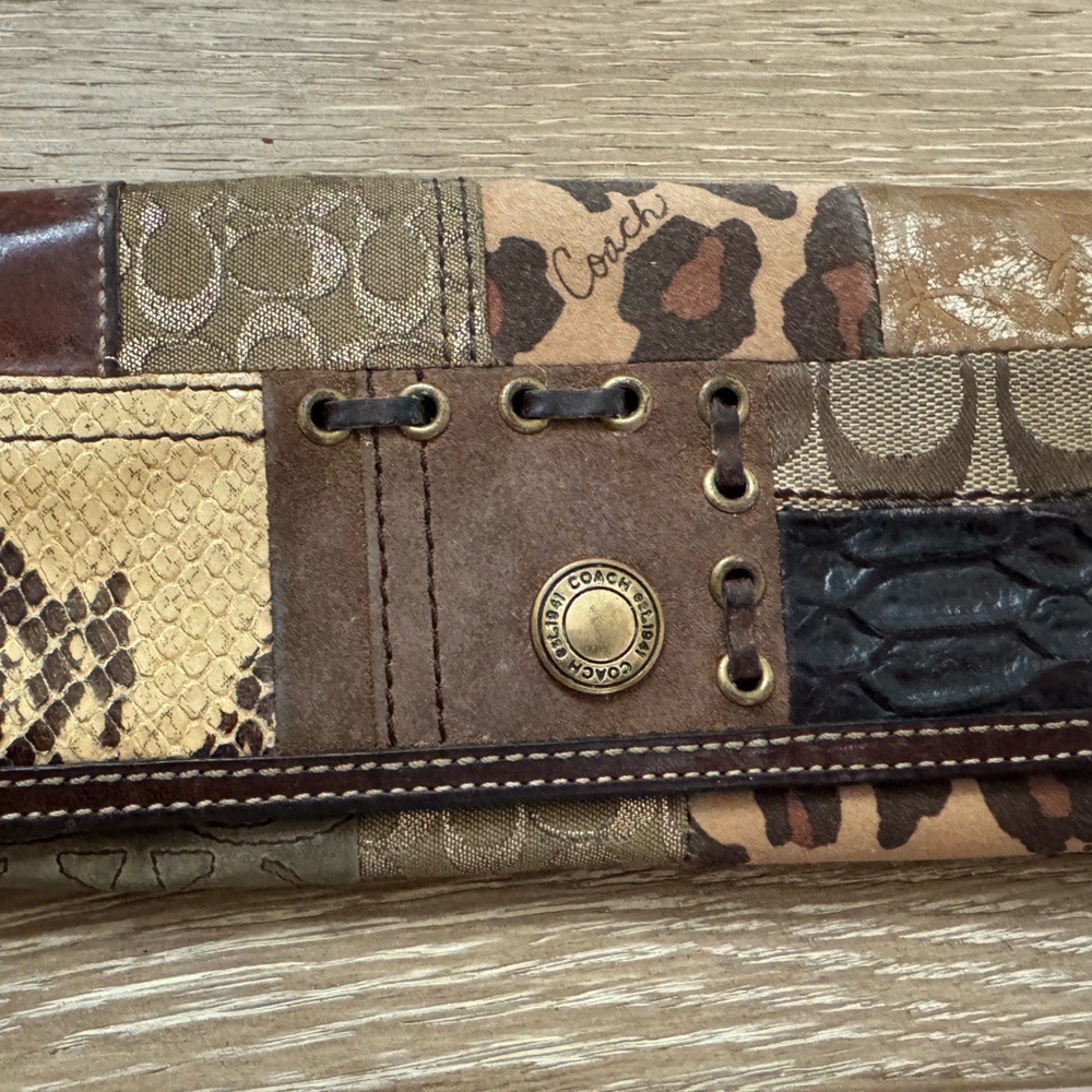 Coach Brown Patchwork Cheetah Suede Wallet Rare